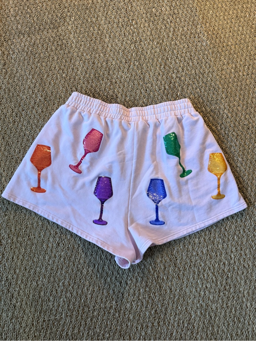 QUEEN OF SPARKLES Light Pink High-Waist Shorts w/Rainbow Sequin Wine Glasses - Picture 6 of 8